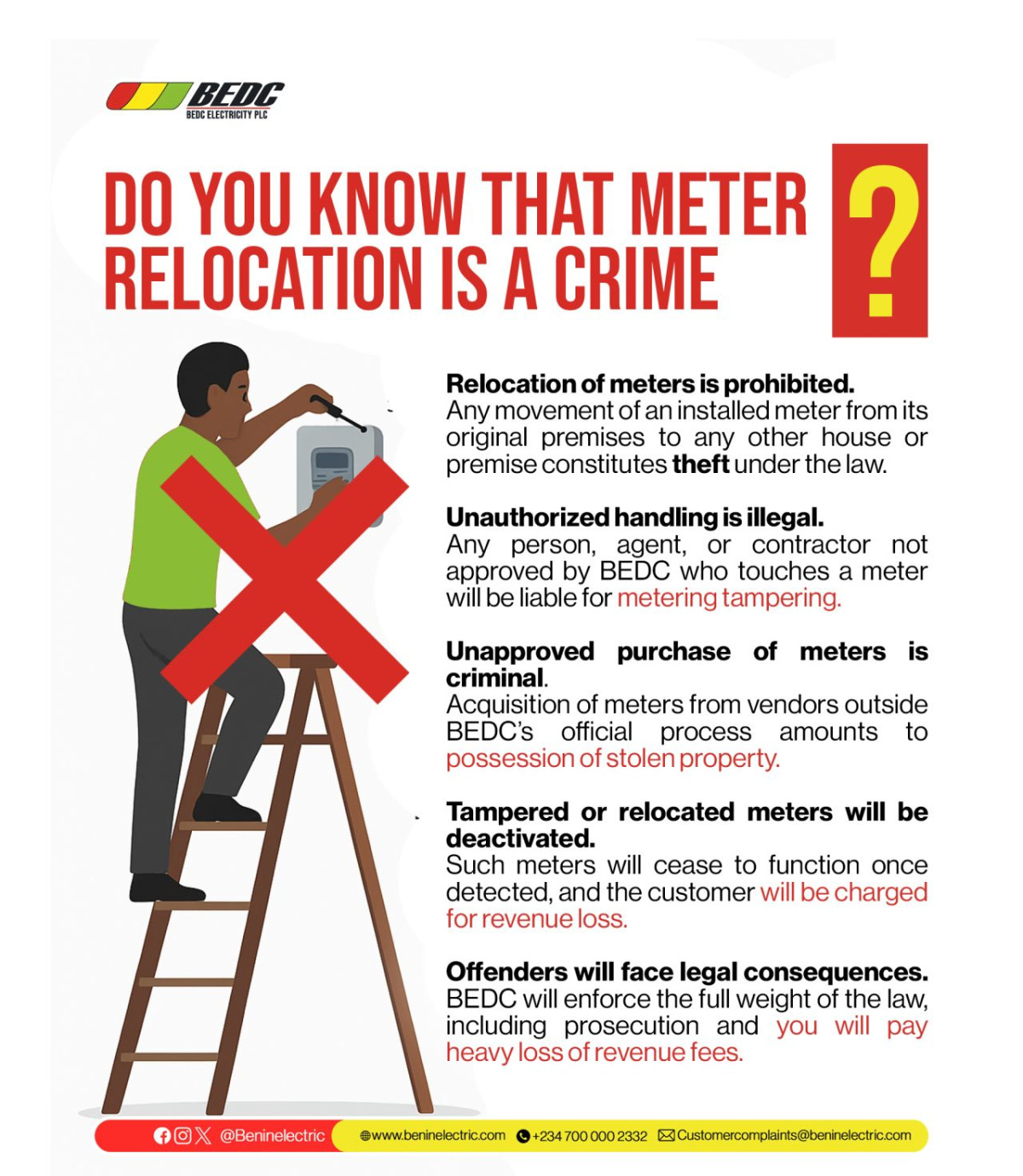 BEDC Warns Against Unauthorized Meter Relocation as Criminal Offence